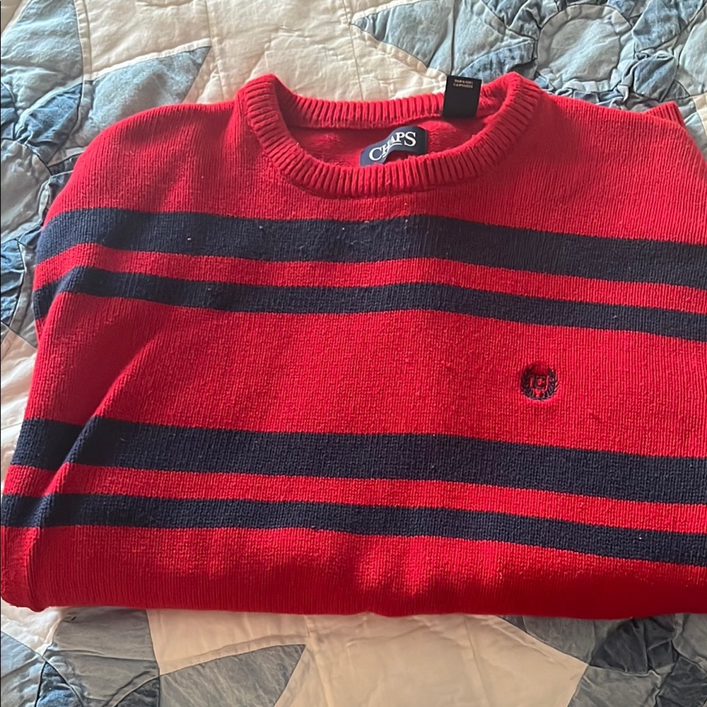 Chaps Men's Striped Red and Black Crewneck Sweater